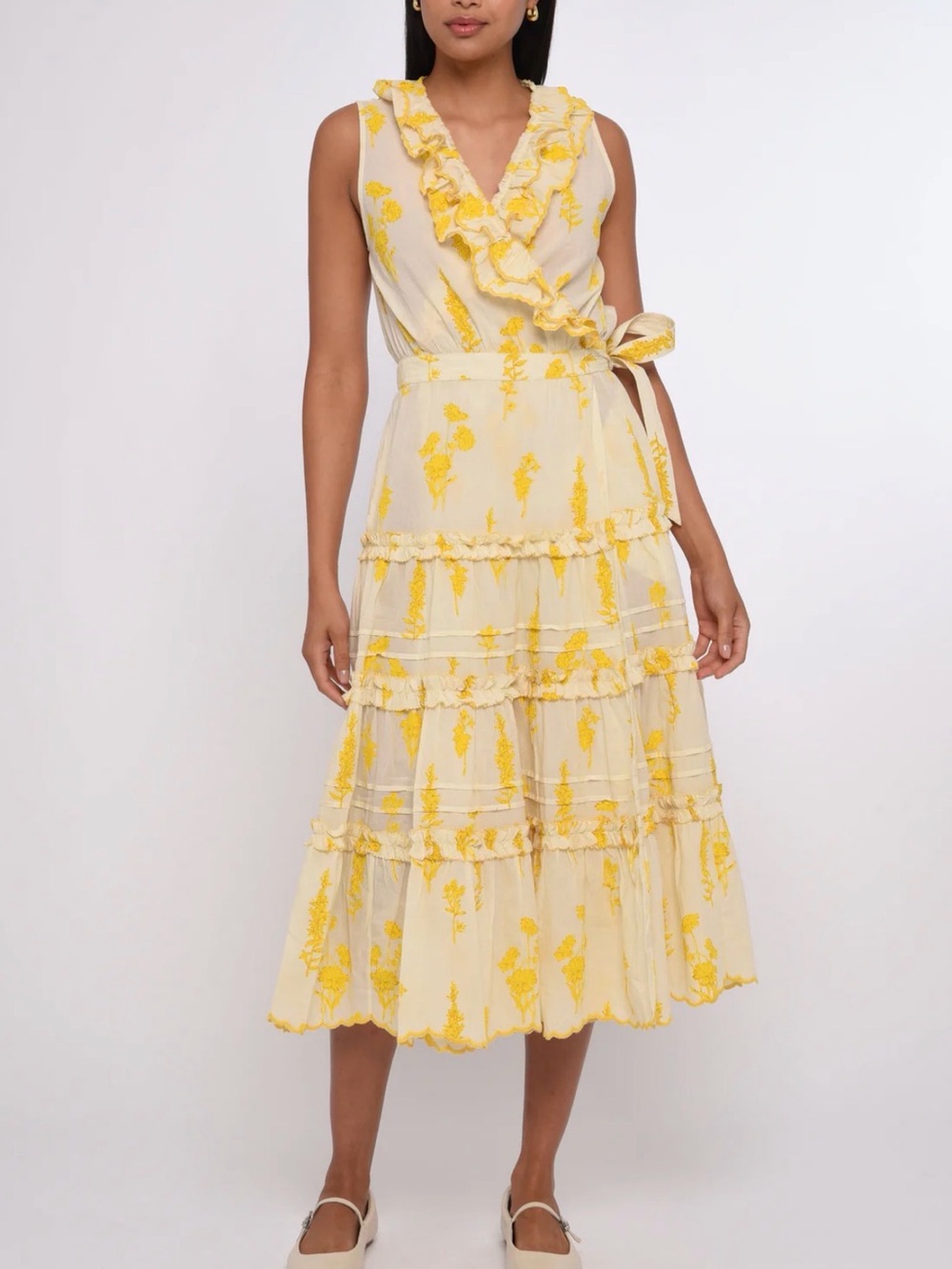 Sleeveless Yellow Floral Ruffle Maxi Dress